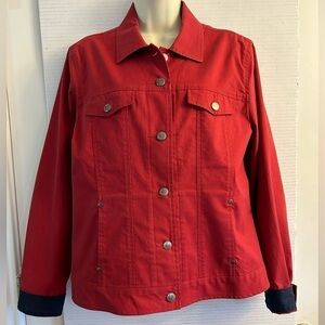 FACONNABLE red 6 button jacket withNavy blue fold over sleeves. Sz-L.